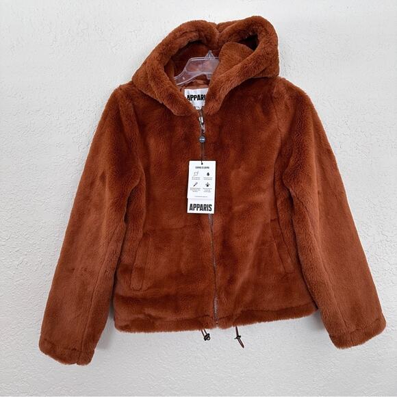 NWT Apparis Faux Fur Full Zip Hooded Jacket Camel Brown XS - Picture 1 of 5